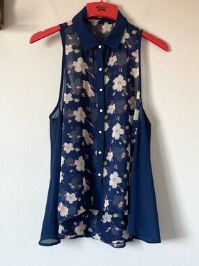 Pastel Design Cherry Blossom Blouse - Pearl Buttons & Sheer Detailing - Size L